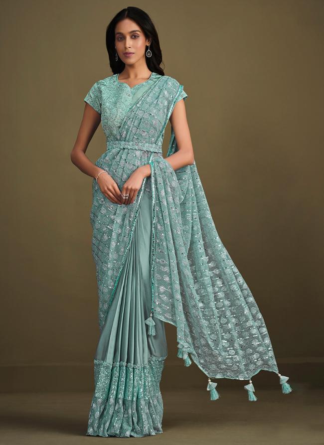 Crepe Silk Light Blue Party Wear Sequins Work Ready To Wear Saree